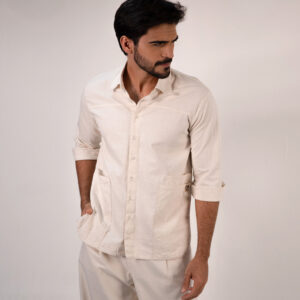 Camisa Bege de Botão Reron e Calça Sarja Bege